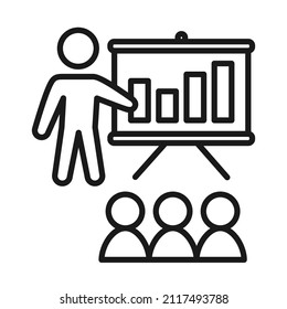Icono de presentación en blanco y negro de arte de línea. Ilustración vectorial con temática educativa para folletos, sitios web o decoración de aplicaciones.