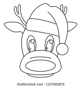 Line art black and white reindeer head in hat. Coloring book page for adults and kids. Christmas themed vector illustration for icon, logo, stamp, label, badge, certificate or gift card decoration