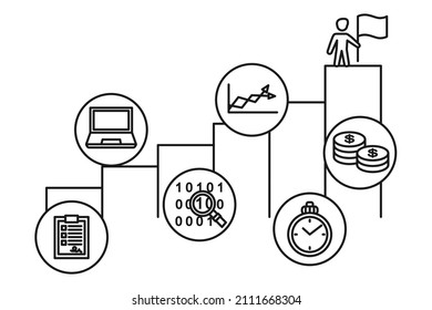 Line art black and white review success ladder. KPI themed vector illustration for icon, leaflet, web site or application decor.