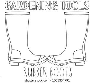 Line art black and white rubber boots. Coloring book page for adults and kids. Garden tool vector illustration for gift card certificate sticker, badge, sign, stamp, logo, label, icon, poster, banner