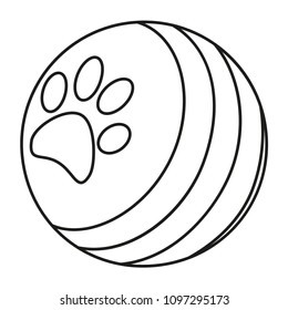 Line art black and white rubber ball with paw print. Simple toy for domestic animal. Pet care themed vector illustration for icon, sticker, patch, label, badge, certificate or gift card decoration