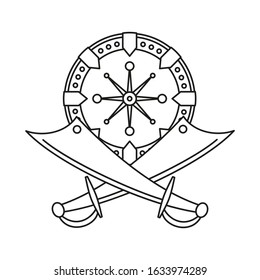 Line art black and white scimitar shield. Medieval festival props. Fairy tale theme vector illustration for icon, stamp, label, certificate, gift card, invitation, coupon or sale banner decoration