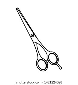 Line art black and white scissors. Beauty salon tool. Hairdresser equipment vector illustration for icon, stamp, label, certificate, brochure, leaflet, poster, coupon or banner decoration