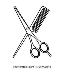 Line art black and white scissors and comb. Hairdresser tool symbol. Beauty salon themed vector illustration for icon, stamp, label, certificate, brochure, leaflet, poster, coupon or banner decoration