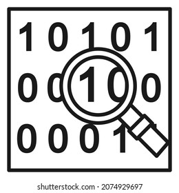 Line art black and white search in binary code. One and zero in magnifying glass. Big data analysis. Vector illustration for web site or application