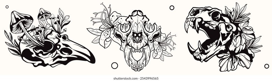 Line art Black and white set of skeleton and skull animal beast woodcut engraving style element for tattoos and apparel design