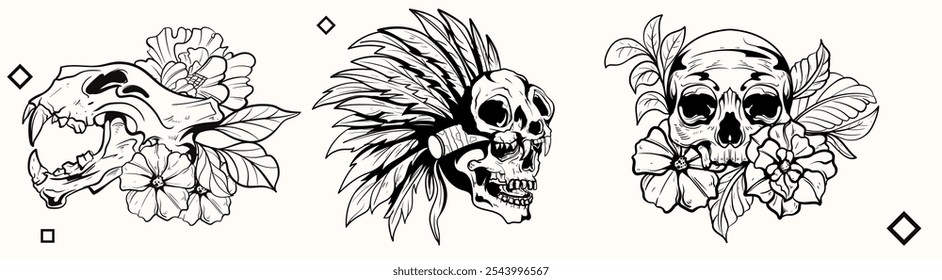 Line art Black and white set of skeleton and skull animal beast woodcut engraving style element for tattoos and apparel design