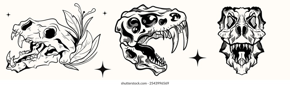 Line art Black and white set of skeleton and skull animal beast woodcut engraving style element for tattoos and apparel design