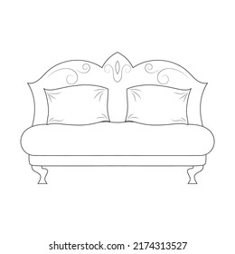 Line art black and white sofa with cushions retro style icon