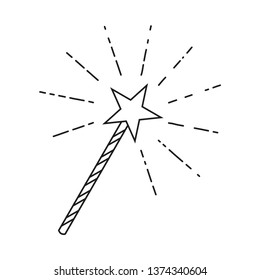 Line art black and white star magic wand. Wizarding party props. Birthday party themed vector illustration for icon, stamp, label, certificate, brochure, gift card, poster, coupon or banner decoration