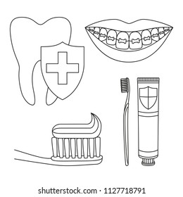 Line art black and white teeth cleaning 5 element set. Timely dental care concept. Dentalcare vector illustration for icon, sticker, stamp, label, badge, certificate, leaflet or banner decoration