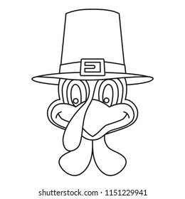 Line art black and white thanksgiving turkey head. Bird in traditional hat. Autumn festival themed vector illustration for stamp, label, sticker, badge, gift card, certificate or flayer decoration