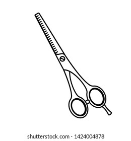 Line art black and white thinning scissors. Beauty salon tool. Hairdresser equipment vector illustration for icon, stamp, label, certificate, brochure, leaflet, poster, coupon or banner decoration