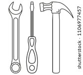 Line art black and white toolkit set. Handyman simple tool for home repair. Construction themed vector illustration for icon, logo, sticker, patch, label, sign, badge, certificate or flayer decoration