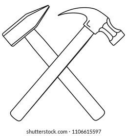 Line art black and white tow crossed hammers. Handymans tool for home repair. Construction themed vector illustration for icon, logo, sticker, patch, label, badge, certificate or flayer decoration