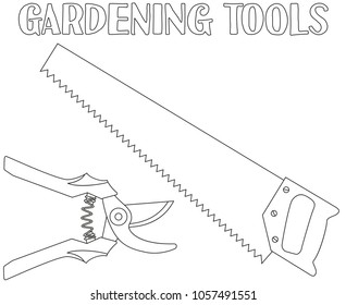 Line art black and white tree trimming set. Secateur and saw. Coloring book page for adults and kids. Garden tool vector illustration for gift card certificate sticker, label, icon, poster, banner