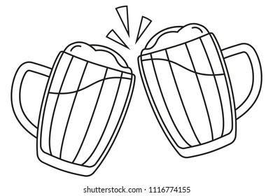 Line art black and white two beer mug. Coloring book page for adults and kids. Oktoberfest festival themed vector illustration for icon, sticker, patch, label, badge, certificate or banner decoration