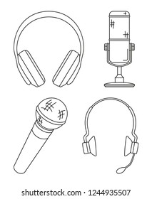 Line art black and white various headset collection. Personal audio device. Media theme vector illustration for icon, stamp, label, badge, certificate, leaflet, poster, brochure or banner decoration