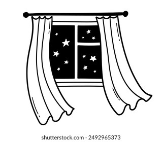 Line art black and white vector illustration of night window with curtains and starry night