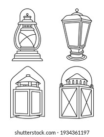 Line art black and white vintage lanterns set. Rustic outdoor party decor. Vintage themed vector illustration for icon, site label, gift card, coloring book decoration