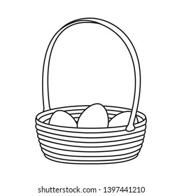 Line art black and white wicker basket of eggs. Farm eco bag. Easter themed vector illustration for icon, stamp, label, certificate, brochure, gift card, poster, coupon or banner decoration