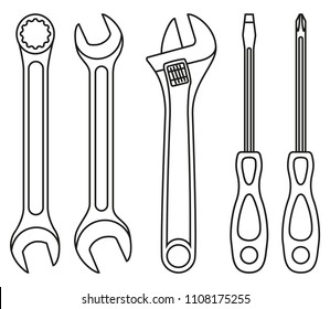 Line art black and white wrench screwdriver set. Handyman tools for home repair. Maintenance themed vector illustration for icon, sticker, patch, label, sign, badge, certificate or flayer decoration