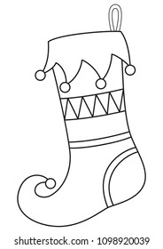 Line art black and white xmas sock. Coloring book page for adults and kids. Holiday themed vector illustration for icon, sticker, patch, label, sign, badge, certificate or gift card decoration