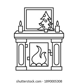 Line art black and white xmas decorated fireplace. Cozy warm home heater. Christmas theme vector illustration for poster, label, gift card, coloring book decoration