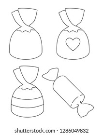 Line art black and whitecandy set. Sweet comfort food. Valentine day themed vector illustration for icon, stamp, label, badge, certificate, card, poster or banner decoration