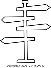 Line art of a blank directional signpost with five arrows, black and white illustration.
