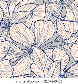 Line Art Blooming Hibiscus Flower Seamless Pattern