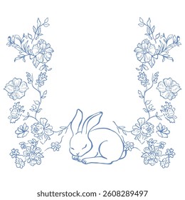 Line Art Blue Easter Floral Frame. Vector Illustration