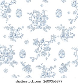 Line Art Blue Easter Seamless Pattern. Vector Illustration.