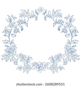 Line Art Blue Floral Frame. Vector Illustration