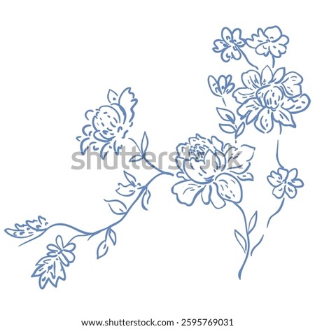 Line Art Blue Flower. Vector Illustration.