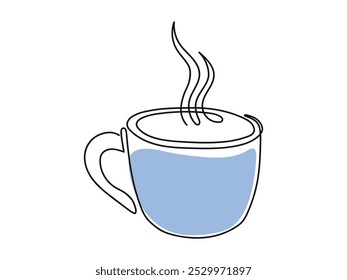 Line art of Blue hot cup with steam. Coffee or tea mug Isolated on white background. Continuous one line drawing. Concept of hot beverage, Morning drink, Minimalist Style, Design Element, Icon, Print