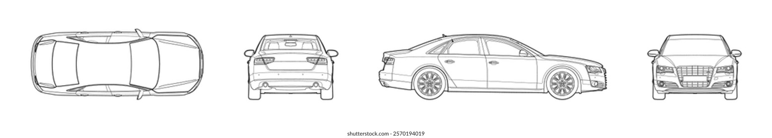 Line art blueprint of a Audi displayed from front, side, rear, and top views vector editorial illustration. Rivne, Ukraine - December 20, 2024