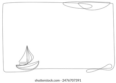 Line Art Boat Border Illustration. Simple Outline Contour Drawing Boat with Waves. Border Frame Design Sketch. Simple Continuous Line Doodle Canvas Art. Black Outline Line Ink Boat Silhouette Art	
