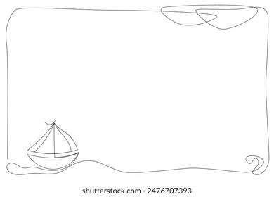 Line Art Boat Border Illustration. Simple Outline Contour Drawing Boat with Waves. Border Frame Design Sketch. Simple Continuous Line Doodle Canvas Art. Black Outline Line Ink Boat Silhouette Art	
