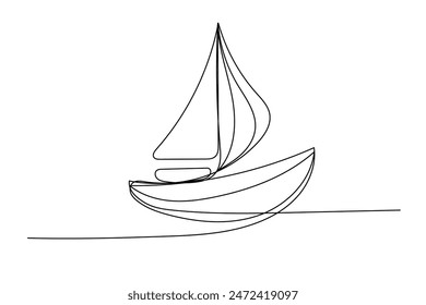 Line Art Boat Illustration.  Simple Outline Contour Drawing Boat with Waves. Minimalist Nautical Design Sketch. Simple Continuous Line Doodle Illustrating. Black Outline Line Ink Boat Silhouette Art