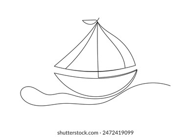 Line Art Boat Illustration.  Simple Outline Contour Drawing Boat with Waves. Minimalist Nautical Design Sketch. Simple Continuous Line Doodle Illustrating. Black Outline Line Ink Boat Silhouette Art