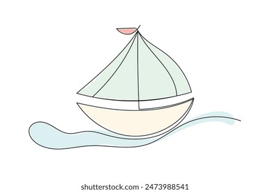 Line Art Boat Illustration.  Simple Outline Contour Drawing Boat with Waves. Minimalist Nautical Design Sketch. Simple Continuous Line Doodle Illustrating. Black Outline Line Ink Boat Silhouette Art