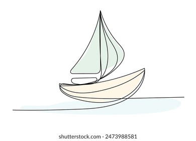 Line Art Boat Illustration.  Simple Outline Contour Drawing Boat with Waves. Minimalist Nautical Design Sketch. Simple Continuous Line Doodle Illustrating. Black Outline Line Ink Boat Silhouette Art