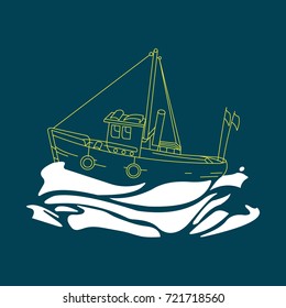 Line art Boat and waves