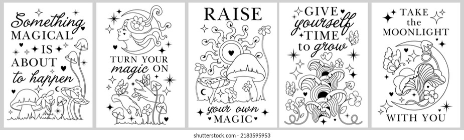 Line art boho graphic.Silhouette vintage prints for t-shirt, tee, celestial affirmations.Alchemy Sacred posters with inspirational slogans. Monohrom, two colors- black and white frames with quotes