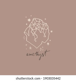 Line art boho magical amethyst stone drawing.