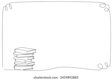 Line Art Book Stack Sketch Frame. Continuous Line Drawing Stack of Books. Minimalistic Illustration of Learning And Literature, Ideal For Educational Themes. Editable Vector Book Stack Border Frame 