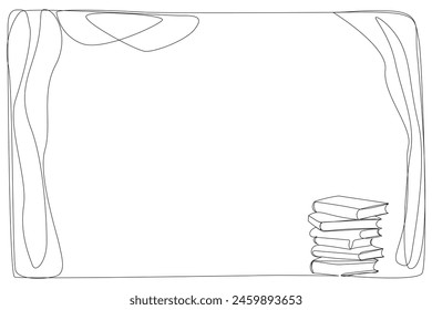 Line Art Book Stack Sketch Frame. Continuous Line Drawing Stack of Books. Minimalistic Illustration of Learning And Literature, Ideal For Educational Themes. Editable Vector Book Stack Border Frame 