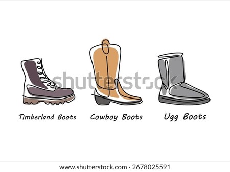 Line Art Boot Collection Timberland, Cowboy, and Ugg Styles. line icon-continuous line drawing. Editable stroke. 