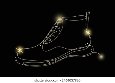 Line Art Boot with Gold Glitter Stars. Luxury Rich Glamour Invitation Card Template. Line Art Boot Shoe Isolated on Black. Shine Gold Light Texture Effect. Glowing Blink Star Symbol Element Gift.